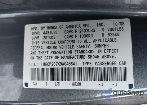 2009 Honda Accord 2.4 Ex from USA, damaged, VIN 1HGCP267X9A048641